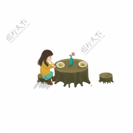 卡通可爱坐在树桩上吃早餐的女孩
