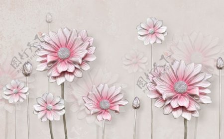 清新粉色3d立体花朵电视背景墙