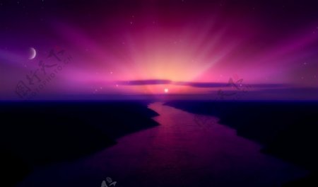 紫色黑夜夕阳矢量背景
