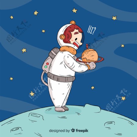 彩绘抱住土星的宇航员