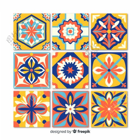 9款彩色花纹方砖设计矢量图
