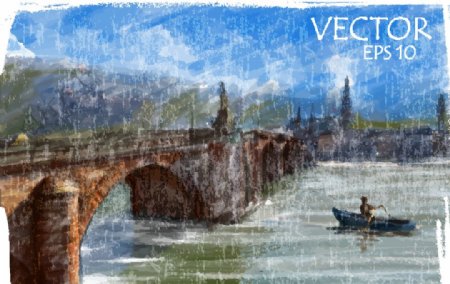 大桥水彩画装饰画建筑艺术背景