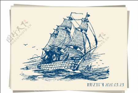 帆船邮轮素描画