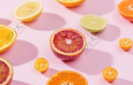 粉红色橙子西柚柑橘柠檬平铺图