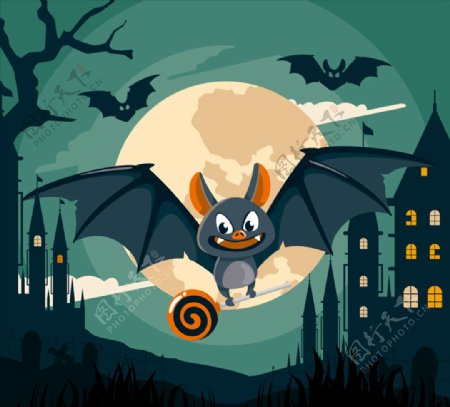 卡通夜晚飞行的蝙蝠