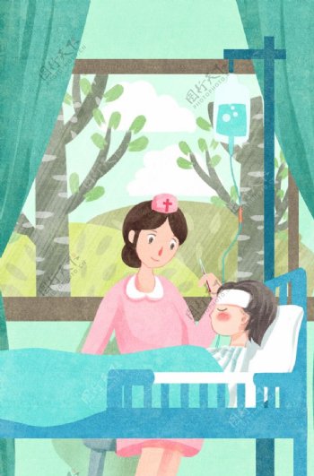 清新卡通护士节护士照顾儿童插画