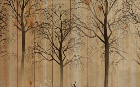 复古实木木板画树木
