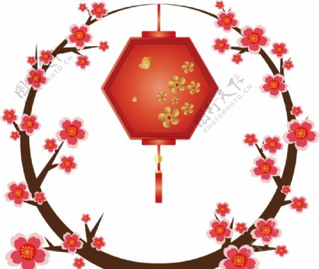 中国风水墨树枝桃花灯笼传统复古