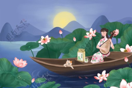 山水复古旗袍女性人物插画素材