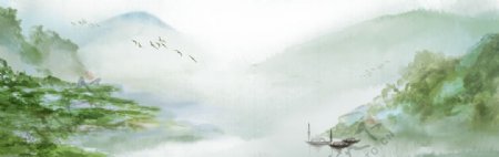 山水复古国风插画卡通背景素材