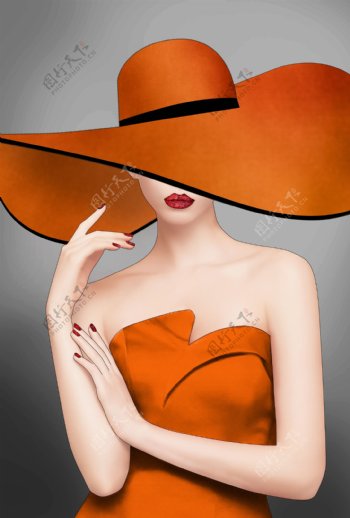 新中式美女人物性感橙色装饰画