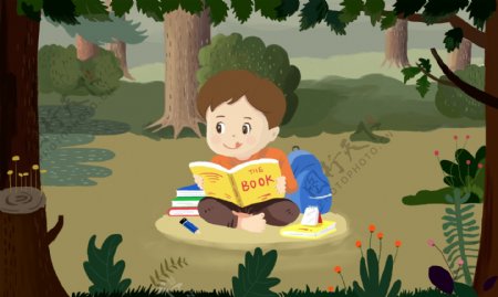 在大森林中看书的孩子图片