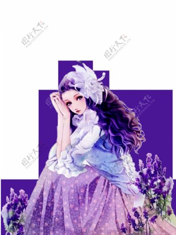 人物女孩紫色薰衣草卡通背景素材图片