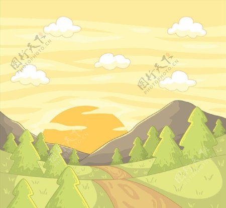 彩绘山区夕阳风景图片