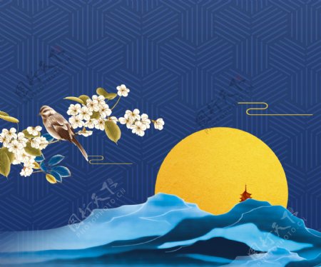 月圆中秋国风壁画墙画背景素材图片