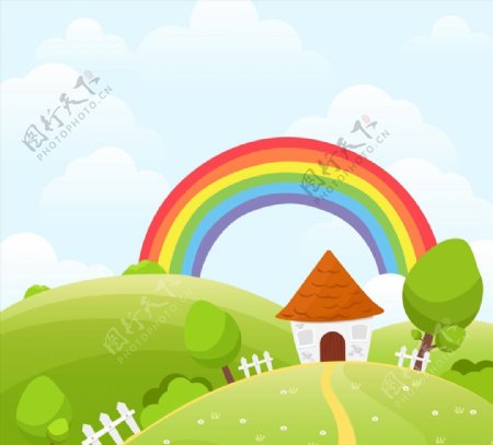 外房屋和彩虹风景图片