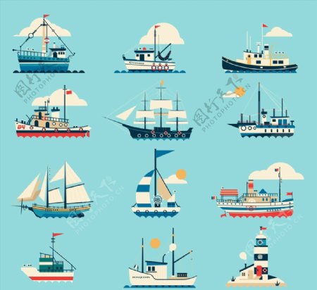 海上船只和灯塔图片