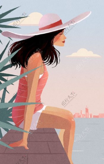 人物女性海边插画卡通背景素材图片