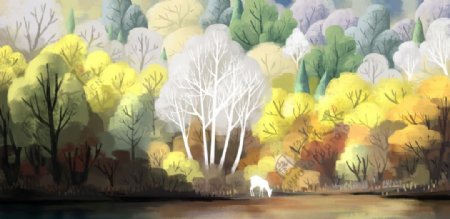 秋季森林小鹿插画背景海报素材图片
