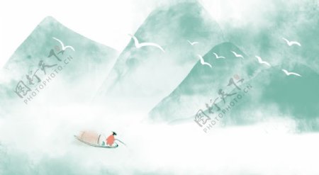 山水水彩复古插画背景海报素材图片