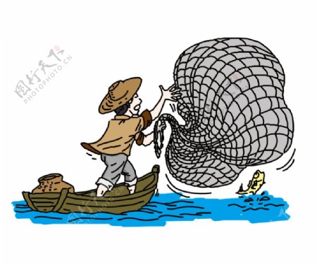 卡通渔民渔船捕鱼插画图片