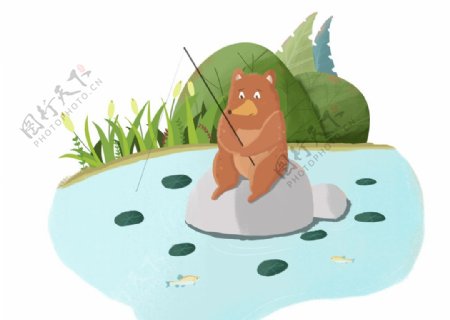 春季小熊钓鱼插画图片