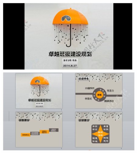 立体橘色伞雨滴班级活动策划有趣卡通PPT
