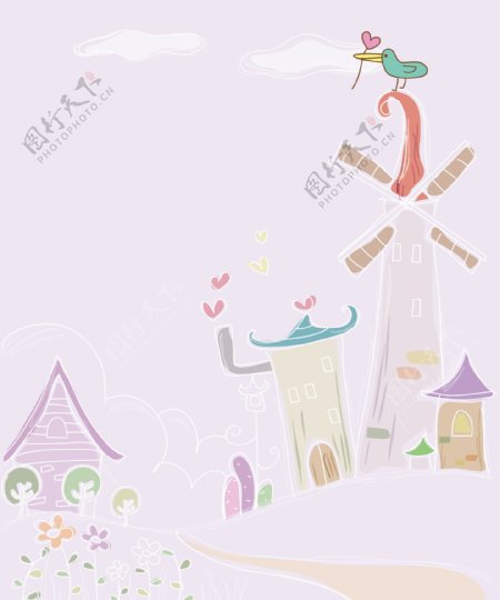 童话世界房子小鸟风景图