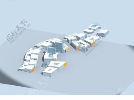 曲线形商业中心建筑群3D模型设计