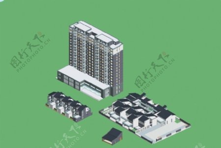 L形和斜坡顶多层公建建筑3D模型