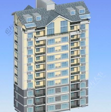 十层坡顶板式住宅楼模型