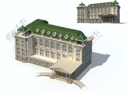 绿顶小J形欧式建筑3D模型图