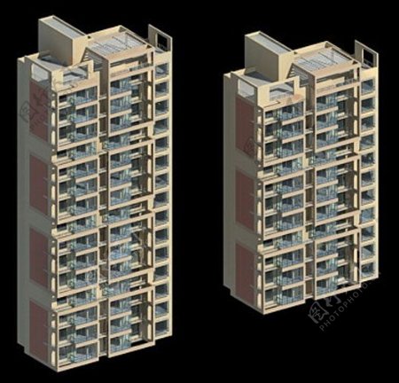 两栋小高层板式住宅楼模型