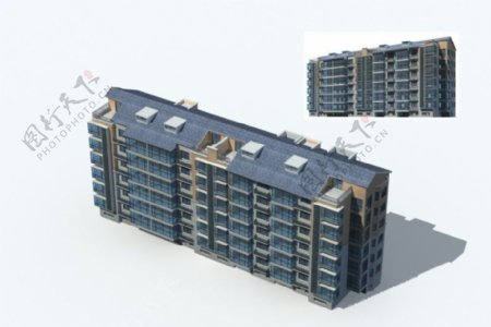 蓝色斜坡顶住宅建筑3d模型