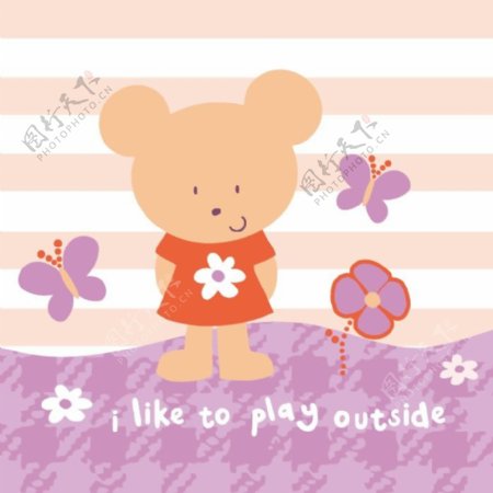 印花矢量图卡通动物小熊蝴蝶花朵免费素材
