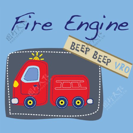 印花矢量图可爱卡通消防车色彩红色免费素材