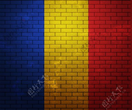 罗马尼亚在砖墙上的旗帜