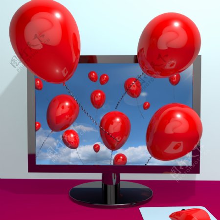 天空中的红气球和走出屏幕的电子贺卡或消息