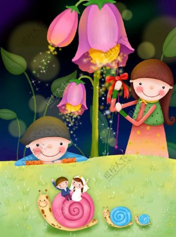 粉色花朵下的孩子和蜗牛