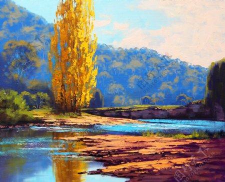 油画秋天的河流图片