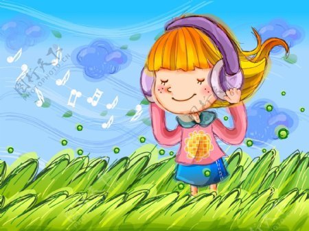 童年卡通插画听音乐的小女孩