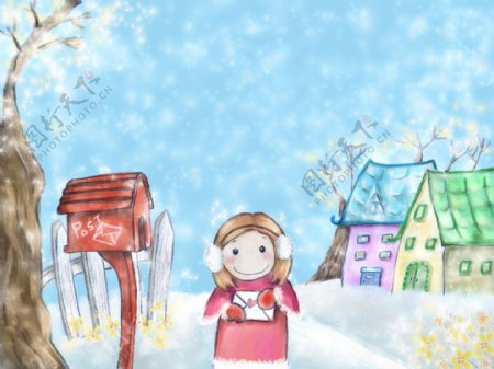 雪中的小女孩卡通背景