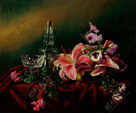 俄罗斯桌面油画写实派花卉玻璃器皿