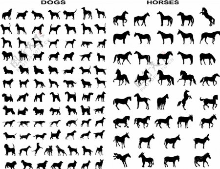 马和狗多种动作剪影矢量素材