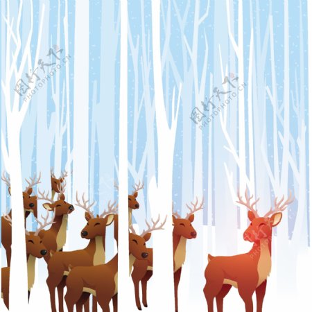 卡通树林小鹿冬季背景图片