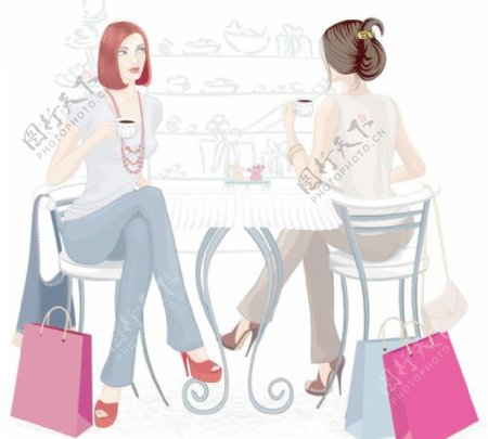购物后喝咖啡聊天的女人图片