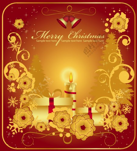 矢量圣诞节红色铜铃花朵花纹蜡烛礼物圣诞树雪花闪光挂球圆球金色矢量素材