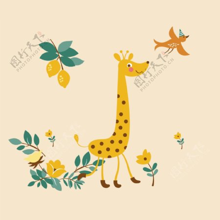 印花矢量图可爱卡通动物长颈鹿鸟免费素材