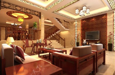 中式别墅客厅效果图图片