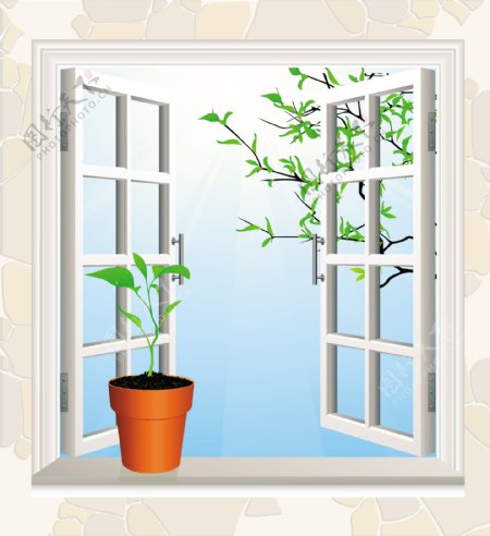 矢量窗口盆景植物图片素材